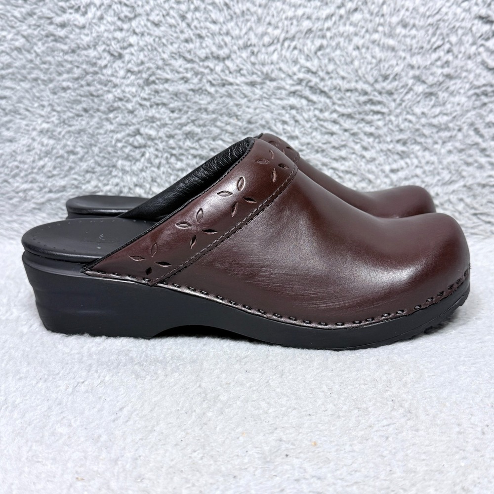 LL Bean‎ Womens Size 8 Slip On Mule Clogs Shoes Brown Leather Floral 0GTC4